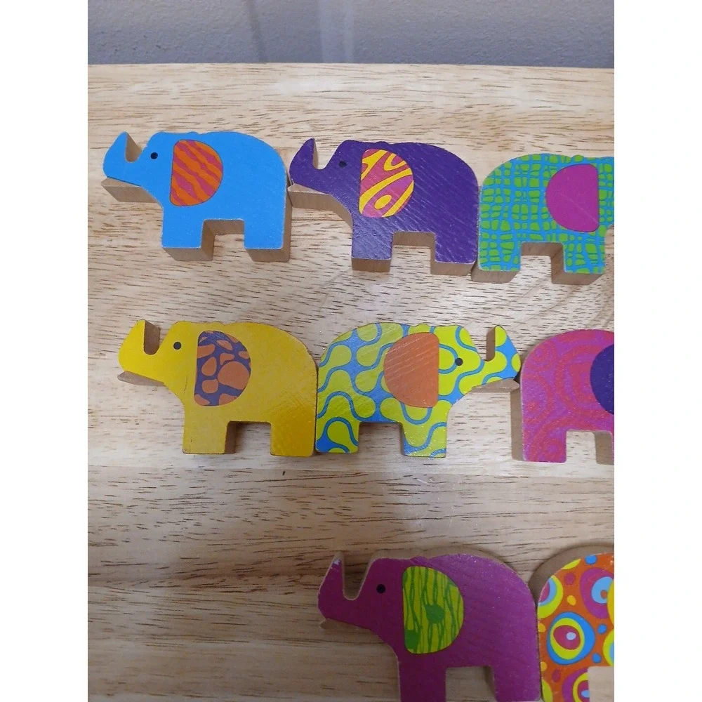 Set of 10 Mindware Wild Ways Wooden Elephants Stacking Game Colorful Patterns